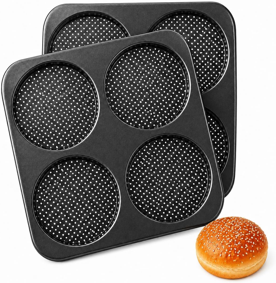 2 moldes para pan de hamburguesas de 5 pulgadas, antiadherente, acero al | Juego de 4 cavidades, 2 piezas
