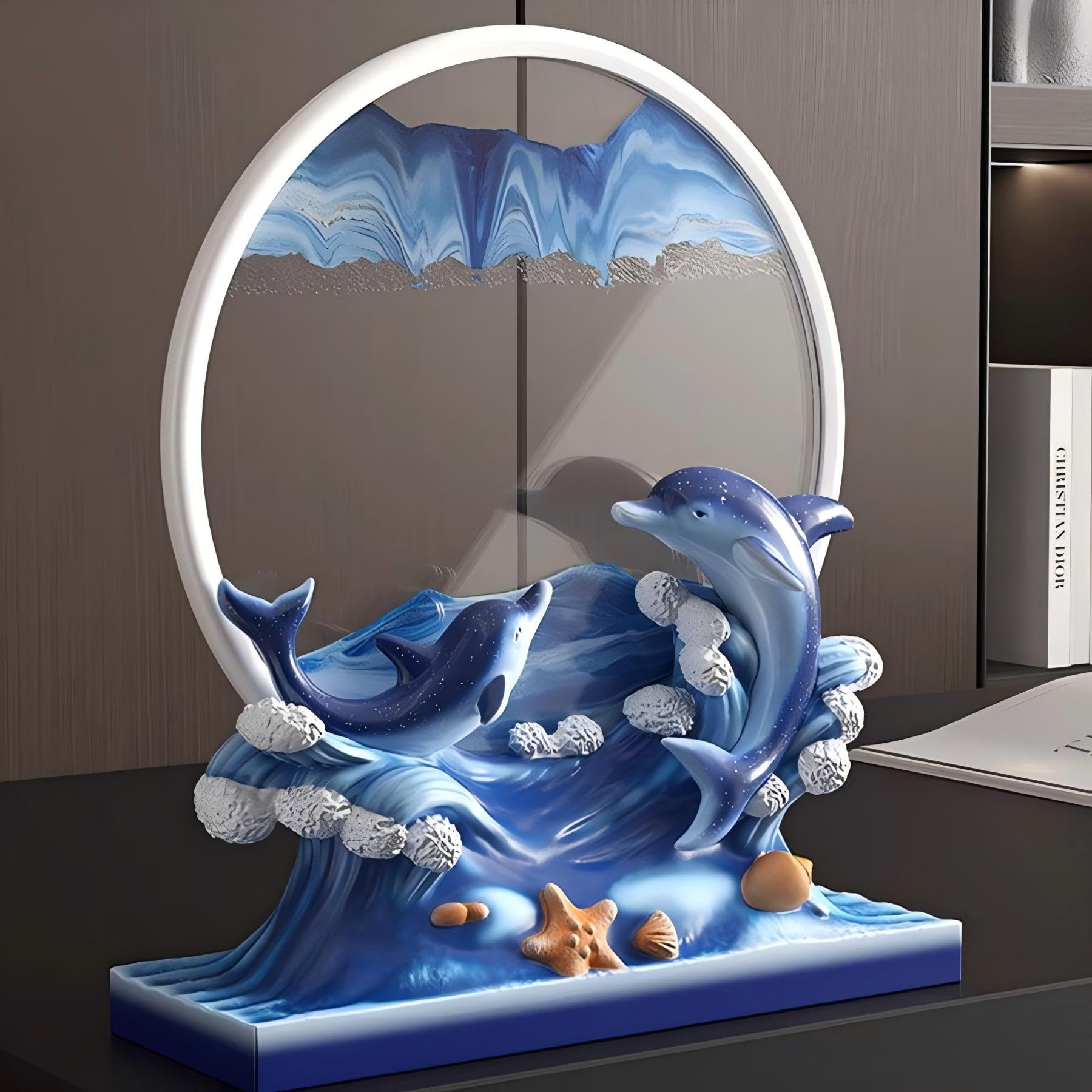 3D Moving Sand Statue Creative Artistic Dolphin Round Liquid Hourglass Sculpture Ornament Flowing Sand Painting Natural Landscape Dynamic Display Quicksand Painting Home Office Décor Crafts