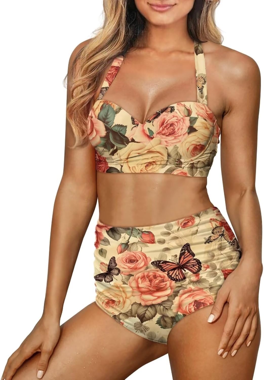 Suobstales Women Two Piece Swimsuit High Waisted Bikini Sets Halter Top with Bottoms Tummy Comtrol Bathing Suit Swimwear