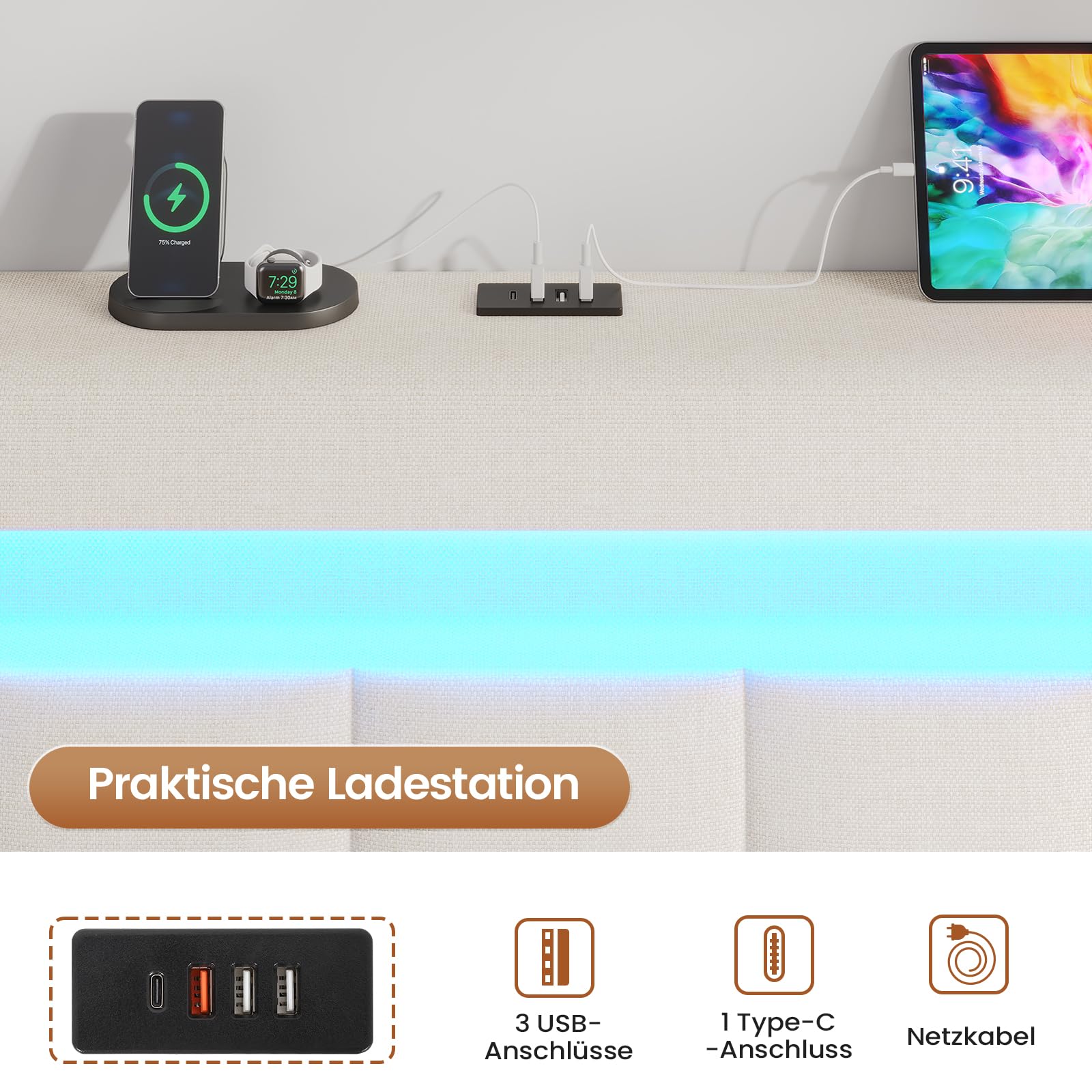 AOGLLATI Polsterbett 140 x 200 mit LED Beleuchtung und Ladestation, Bettgestell mit Höhenverstellbares Kopfteil und Stauraum, Hydraulisches Bett 140 x 200 cm,Lattenrost, Linen,Ohne Matratze,Beige
