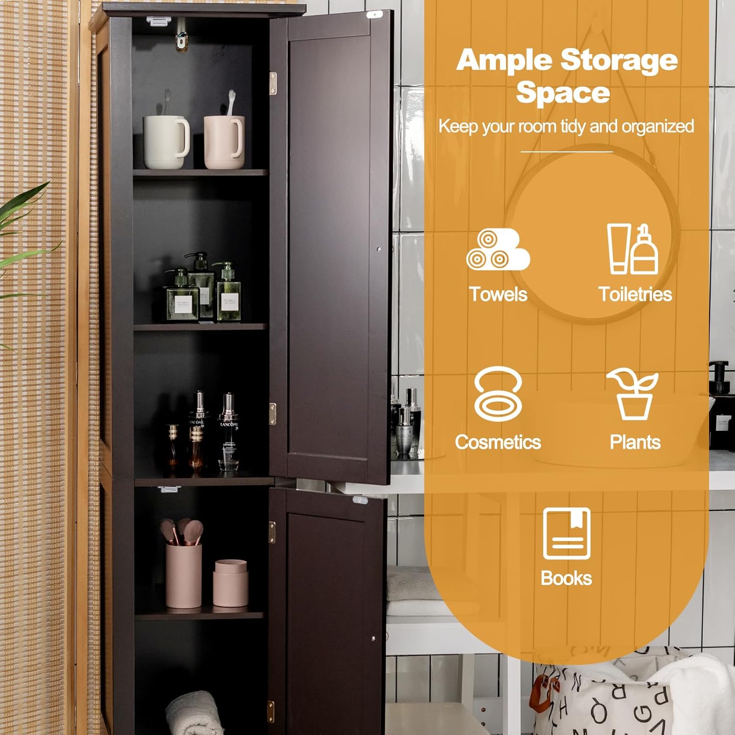 COSTWAY Tall Bathroom Storage Cabinet, 5-Tier Freestanding Linen Tower Cabinet with 2 Doors, Wooden Side Storage Organizer, Narrow Slim Floor Cabinet for Bathroom, Living Room, Kitchen (Brown)