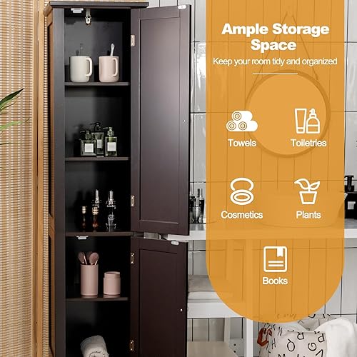 Miniatura 5 de COSTWAY Armario alto de almacenamiento para baño, gabinete de torre de lino independiente de 5 niveles con 2 puertas, organizador de almacenamiento