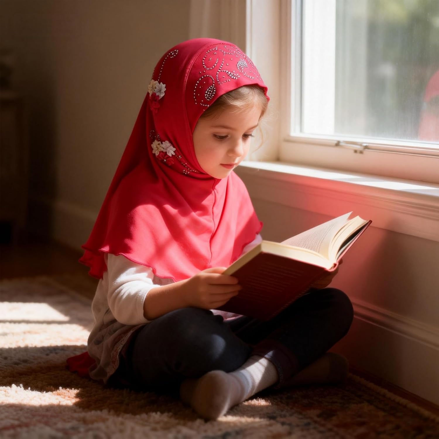 GREUS Girls Hijab Scarf Kids Muslim Headscarf Flower Islamic Arab Head Scarf Wrap One Piece Instant Hijabs for 2-6Y