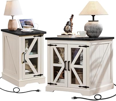 Joaxswe Farmhouse End Tables Living Room Set of 2 with Charger Station, 18 Small Night Stand and 24" Large Side Table with Glass Barn Door Storage, Wood Nightstand Bedside Tables for Bedroom Office