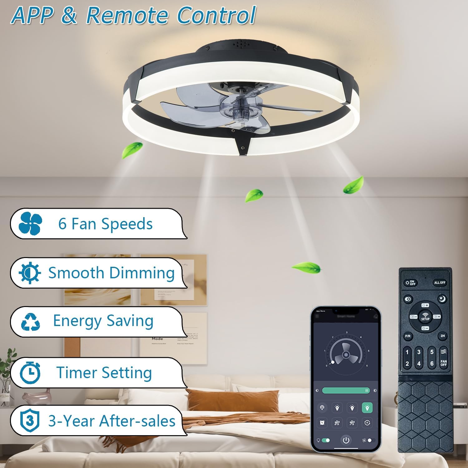 20″ Ceiling Fans with Lights and Remote, New Upgraded Low Profile Ceiling Fan,Dimmable Modern Flush Mount LED Ceiling Fan,Ultra Quiet 3CCT Ceiling Fans for Bedroom,Living Room,Black image 2 of 9 B0DZH6H3SR