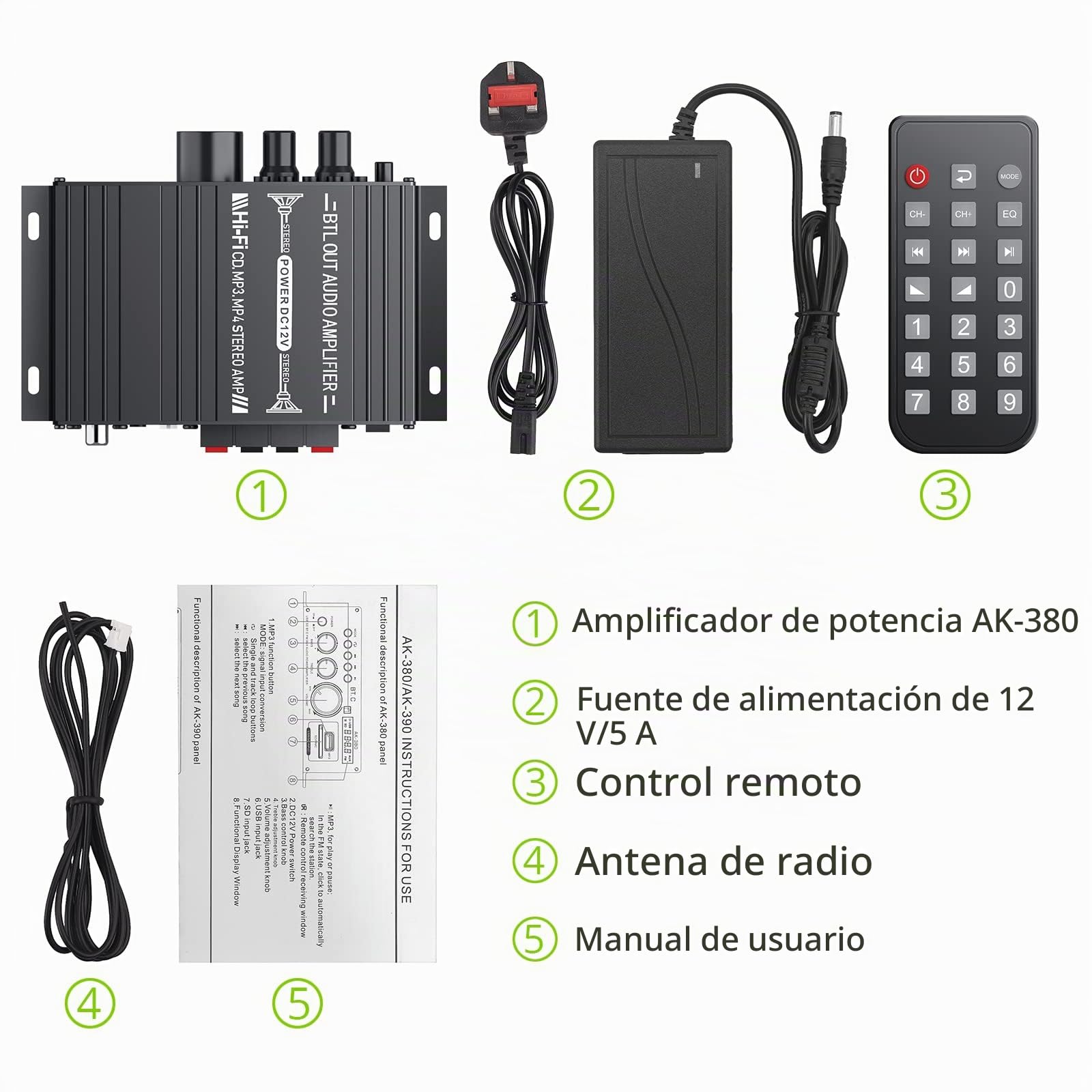 Mini Amplicador Bluetooth Audio 40W+40W con Fuente de Alimentación Mini Amplicador Receptor Digital con Control Remoto Amplicador Potencia 2CH Pantalla LCD Control Graves Agudos para Hogar Automóvil