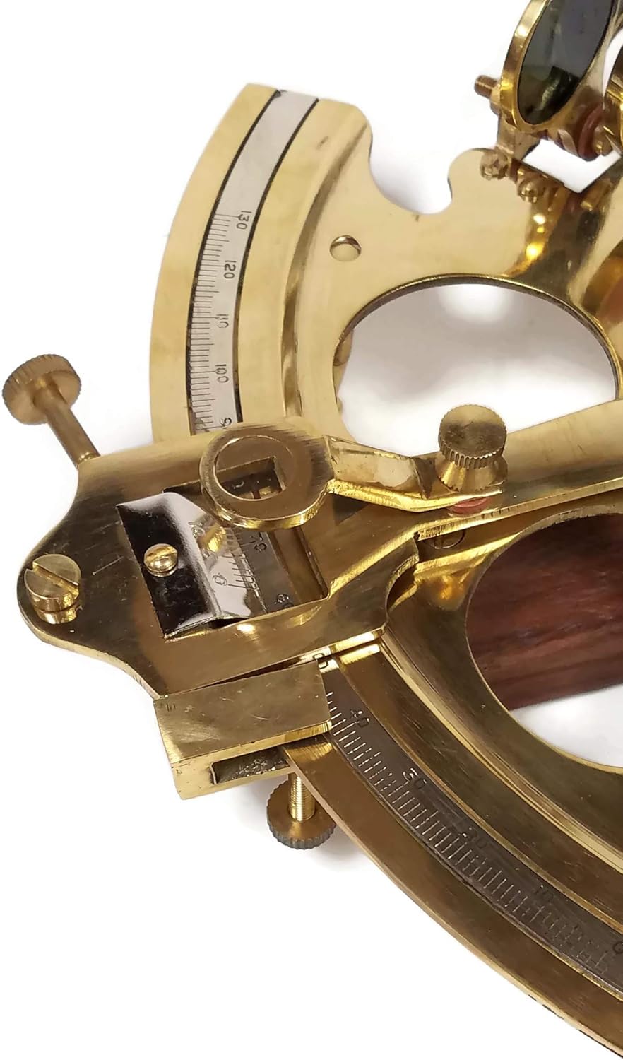 Large 8-1/2" Solid Polished Brass Nautical Sextant Antique Reproduction in Beautifully Finished Rosewood Hinged Wooden Box with Polished Brass Inlaid Accent