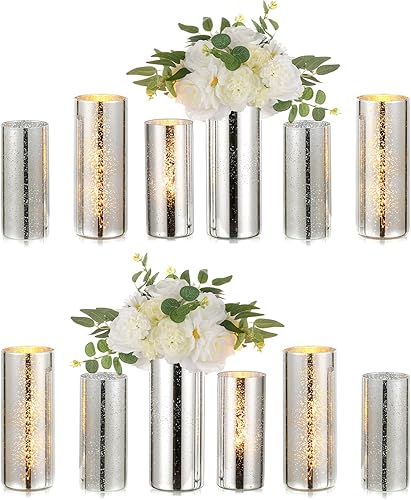 Hewory - Juego de 12 jarrones cilíndricos de vidrio, jarrón plateado brillante para centros de mesa, portavelas de huracán de vidrio para velas