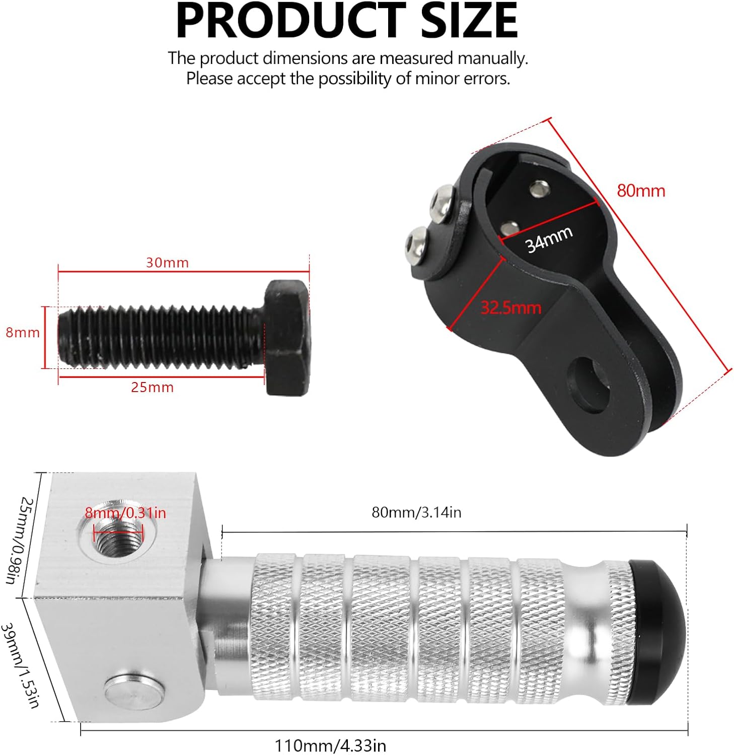 M8 Foot Pegs with Clamps Fit 22-35 ｍｍ Tube Core CNC Universal Bike FootPeg Foldable 90 Degree Anti-Skid for Super 73, Bicycle, Mini Bike, Electric Motor, ATVs, UTVs, Go Karts, Quads, Scooters Silver