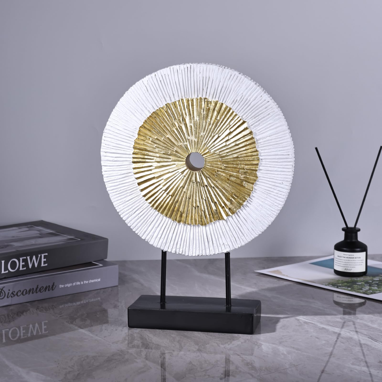 Scultura rotonda astratta in oro bianco, alta 30,5 cm, decorazione unica per la casa sopra l'armadio, tavolino da caffè, console, ufficio, ingresso, centrotavola (oro bianco)