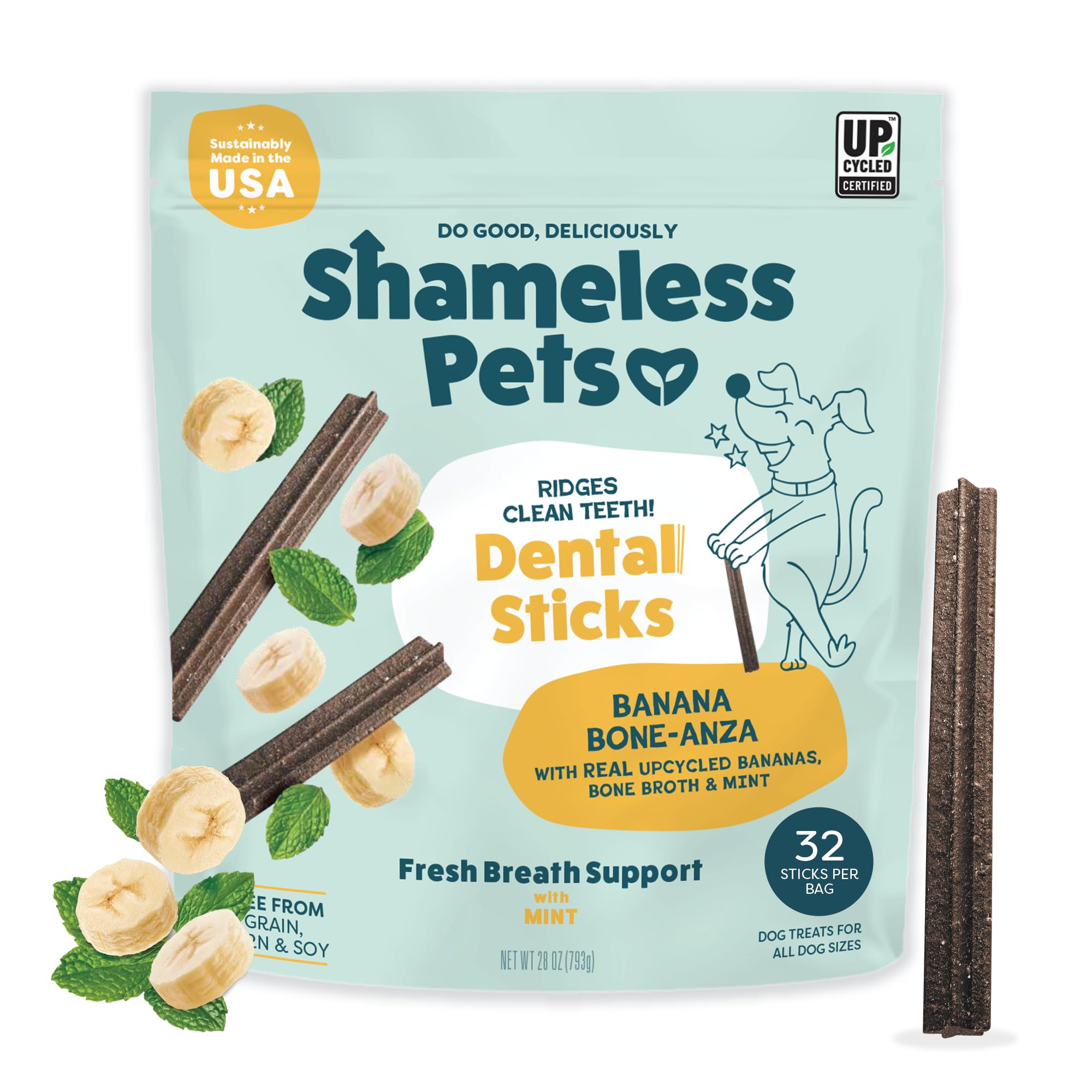 Shameless Pets Bone Broth, Banana, & Mint Dental Chews for Dogs, 32 Chews - Natural Dog Teeth Cleaning Treats with Fresh Breath Benefits | Grain-Free