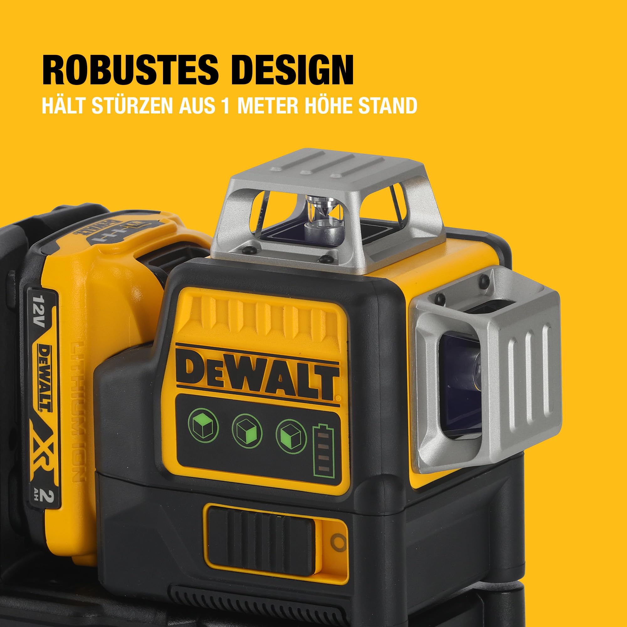 DEWALT XR 3 x 360° Akku-Multilinien-Laser grün (Selbstnivellierender Laser, mit Pulsmodus für Empfängereinsatz, Schutzklasse IP65, inkl. 12 Volt 2 Ah Akku und Ladegerät), DCE089D1G-QW