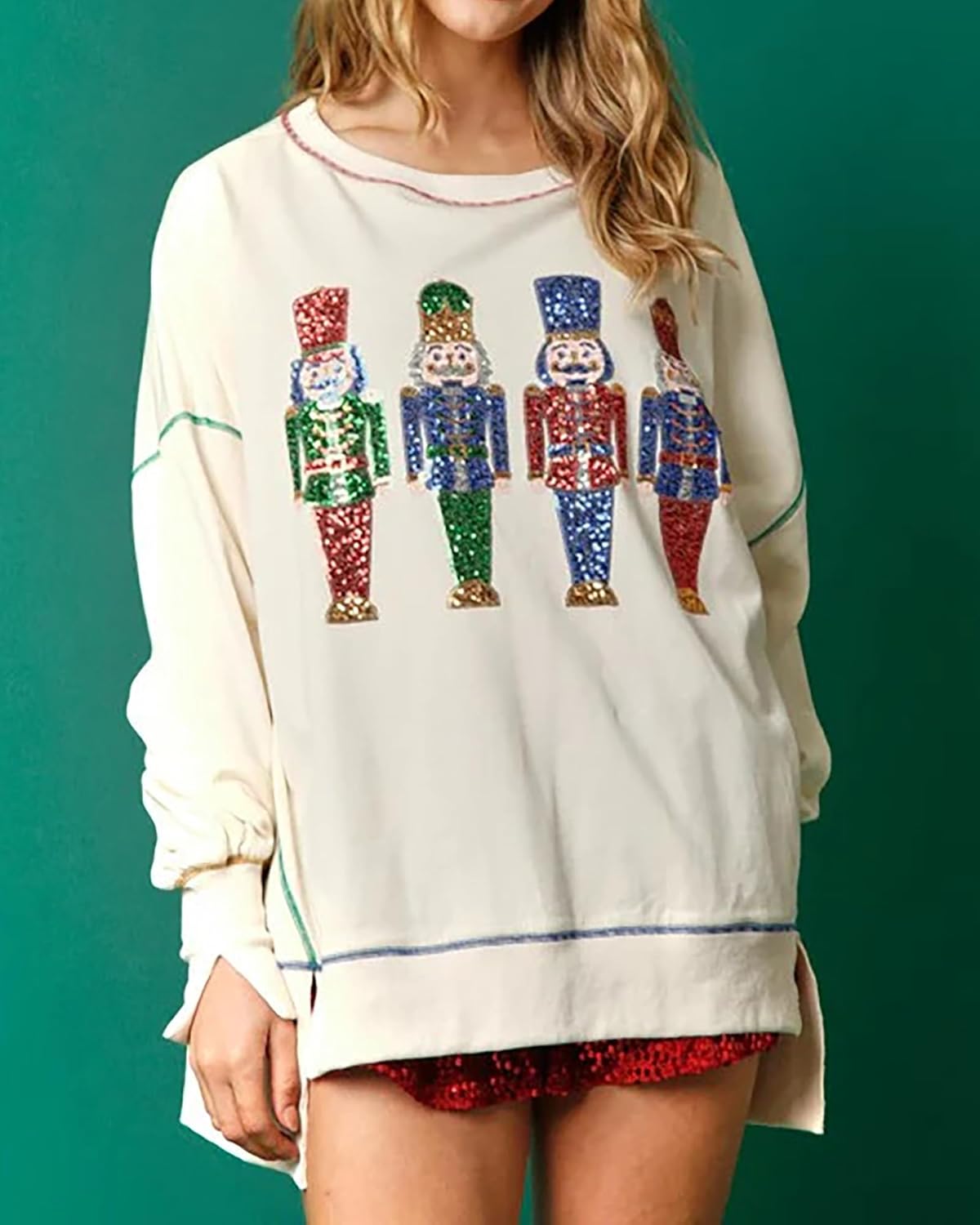 NUFIWI Women Christmas Sequin Graphic Sweatshirts Cute Xmas Santa Oversized Pullovers Funny Holiday Sparkly Tops - Image 3