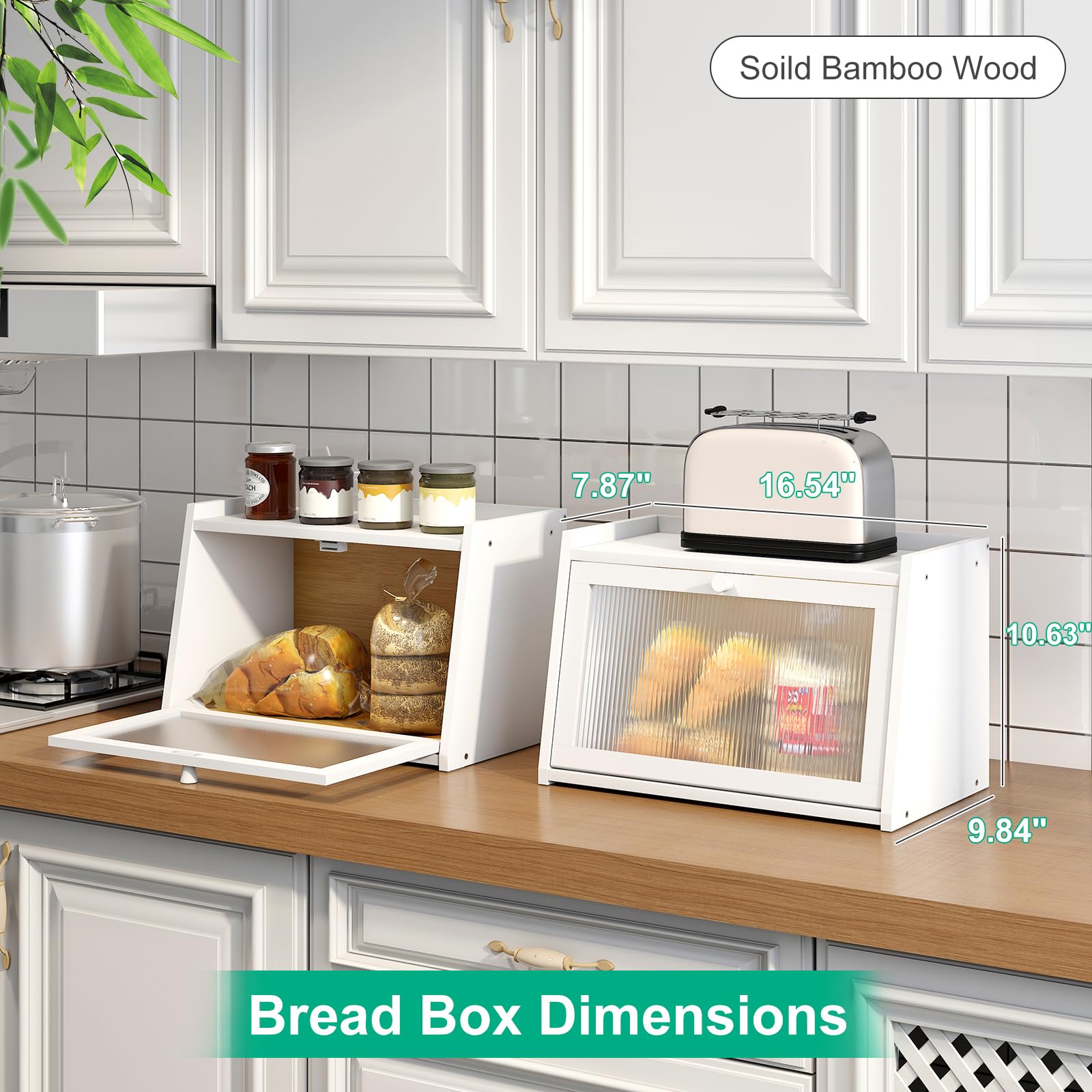 kiplant Brotbox für Küchentheke, großer Bambusbrot-Aufbewahrungsbehälter mit gewellter Acryl-Tür, Bambus-Holz-Bernhaus-Brotbox für Ihr Haus (Weiß, Mittel)
