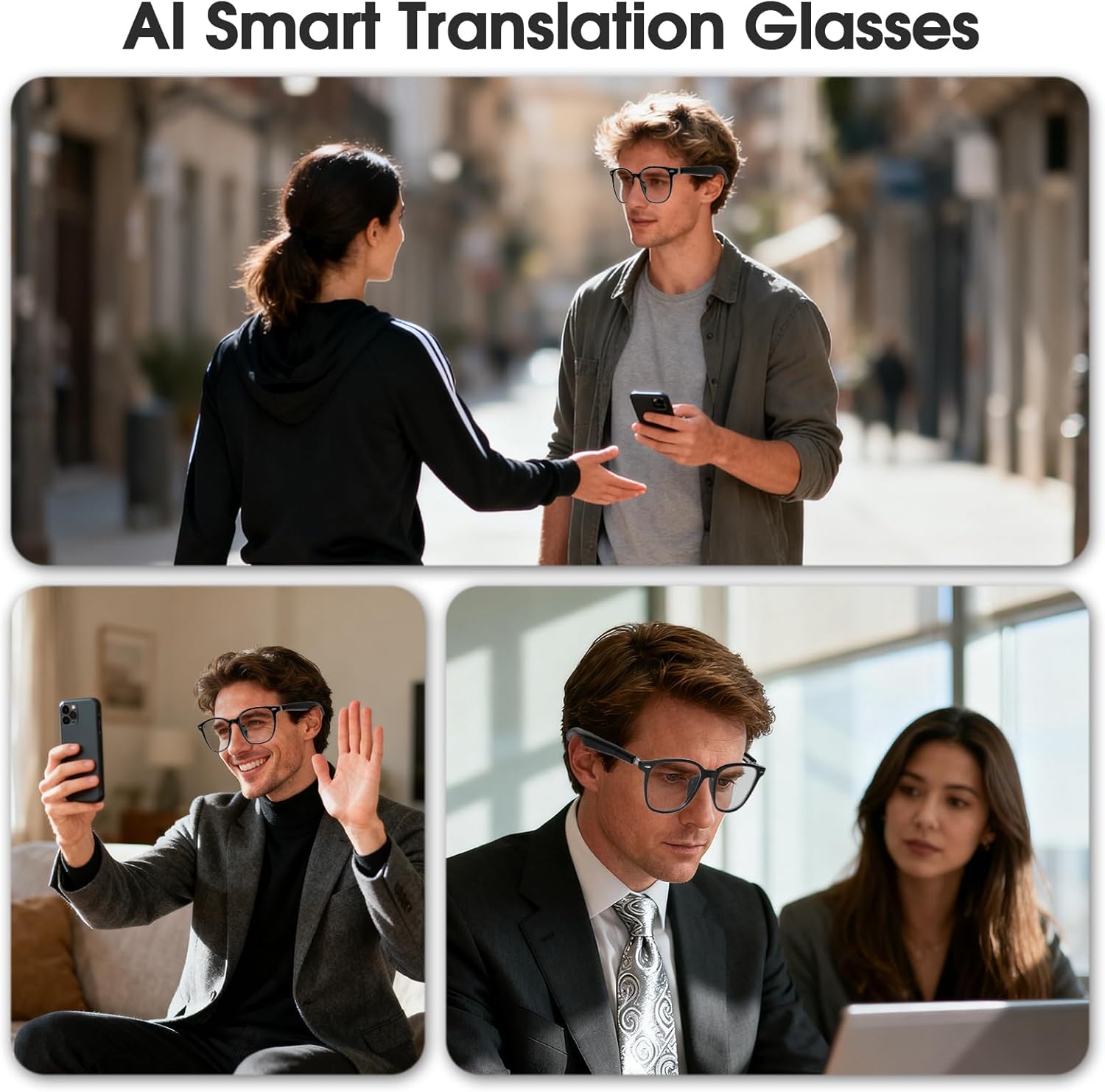 Smart Bluetooth Glasses for Men/Women,Open-Ear Audio Sunglasses,Real-Time Translation,Blue Light/UV400 Protection,Hall Induction Switch,for Work,Travel,Business,Daily (Black Frame/Transparent Lens)
