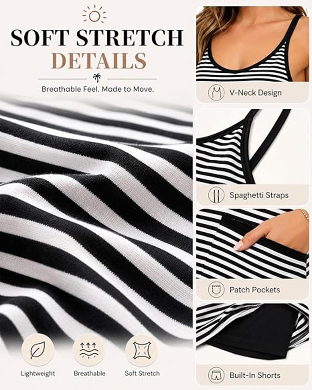 Miniabito Estivo a Righe Senza Maniche da Donna con Pantaloncini integrati, Scollo a U, Dorso a Nuoto e Tasche.