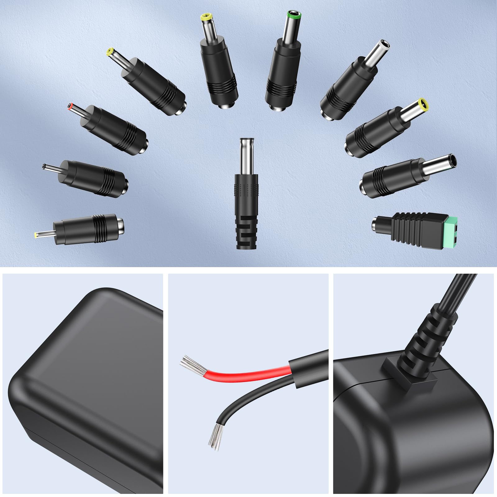 Alimentatore 12V 3A Caricatore da 12 Volt 3000mA 36W Max Commutazione regolata Adattatore per cavo CA-CC Adattatore da 100 V a 240 V Adattatore di ingresso con 10 connettori di ricambio Spina