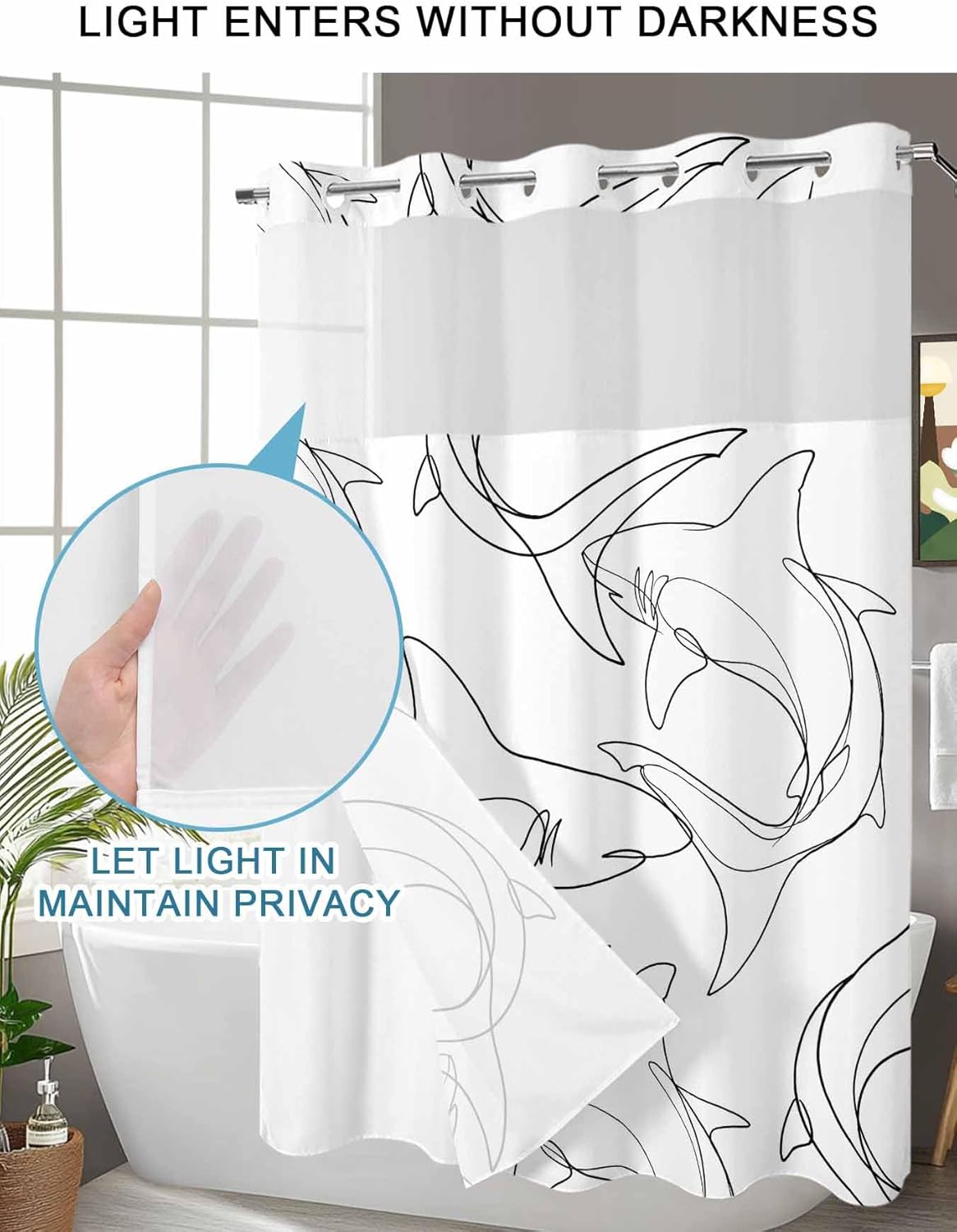 Prime Leader Abstract Sharks No Hook Shower Curtain with Snap in Liner Black Line Fish Ocean Life Simple Style Shower Curtain for Bathroom, Fabric Waterproof Inner Liner with Mesh Top Window, 72x72
