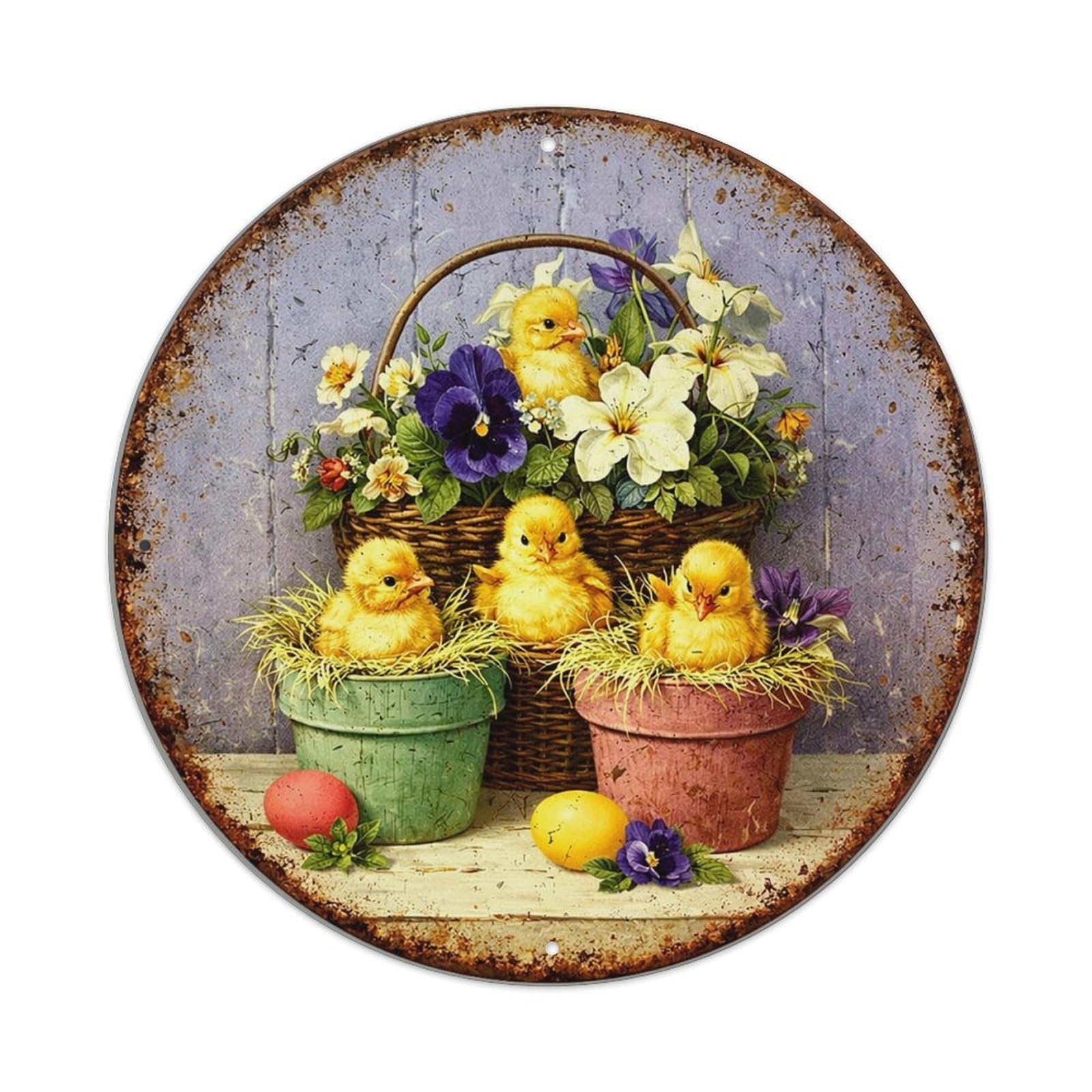 Chicks Flowers Easter Eggs Basket Vintage Round Tin Sign Retro Metal Wall Decor Metal Poster, Home Bar Garage Cafe Wall Art Decoration 8x8Inches