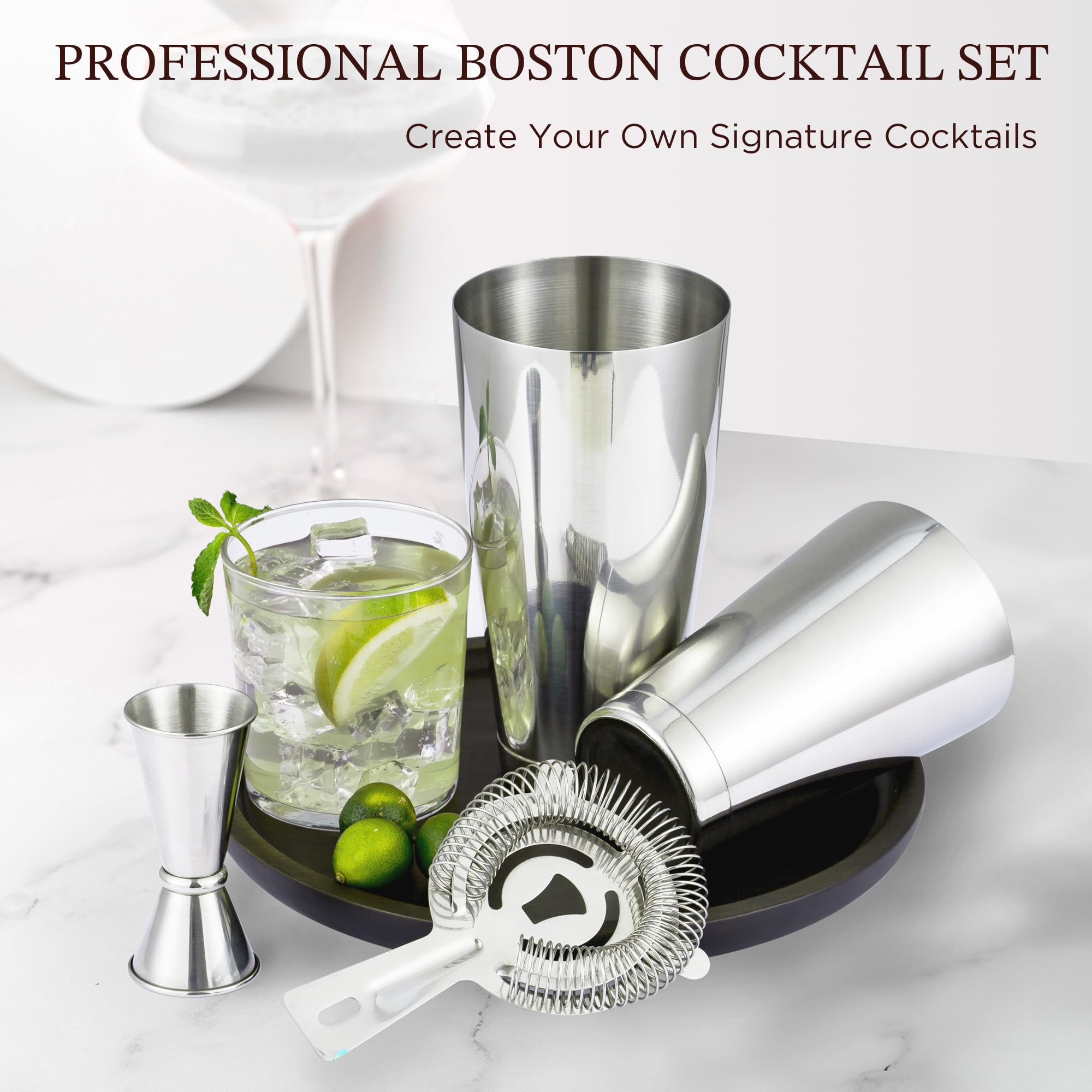 Boston - Juego de coctelera profesional de 8 piezas con mezclador de bebidas Martini de acero inoxidable, coladores Hawthorne, doble jiggers, herramientas de barra aptas para lavavajillas 9
