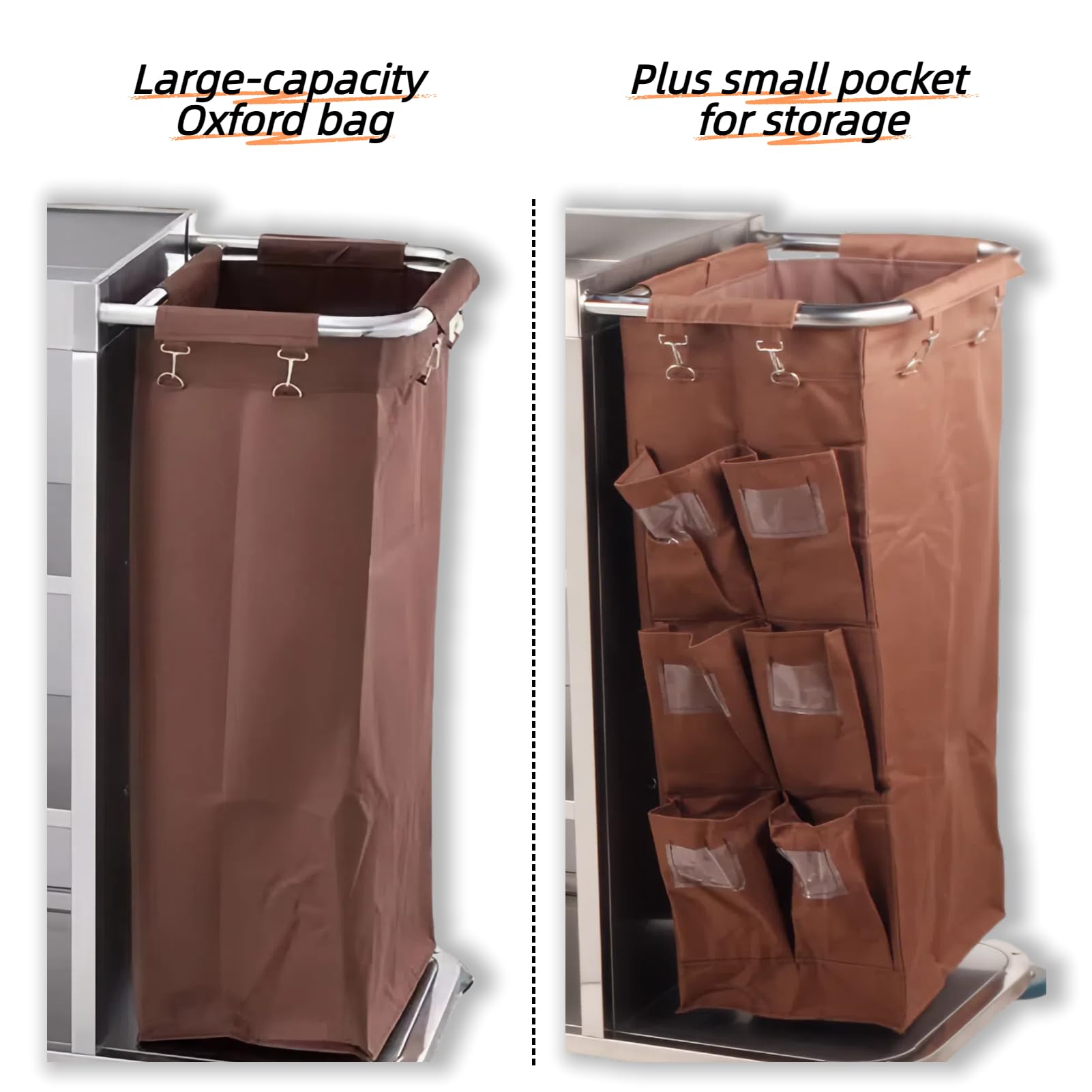 Housekeeping Wagen,Hotelreinigung Handwagen,Mit wasserdichte Oxford-Stofftasche,GeräUscharme Lenkrollen,FüR Hotels Und BüRos Reinigung,Silber,56×18×44in(Pocket)
