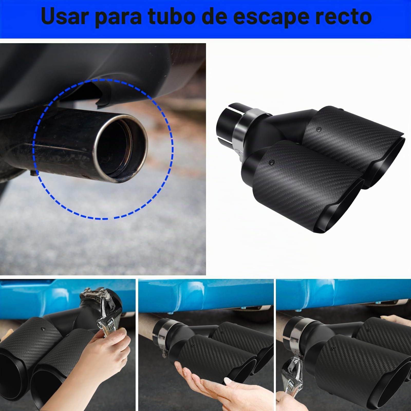 60MM (2.36") Escape Tubo de Acero Inoxidable Engrosado Silenciador Punta de Cola de Coche Extremo de Escape Salida de 3,5" Fibra de Carbono (Doble Salida- Mate Todo Negro, 60mm)