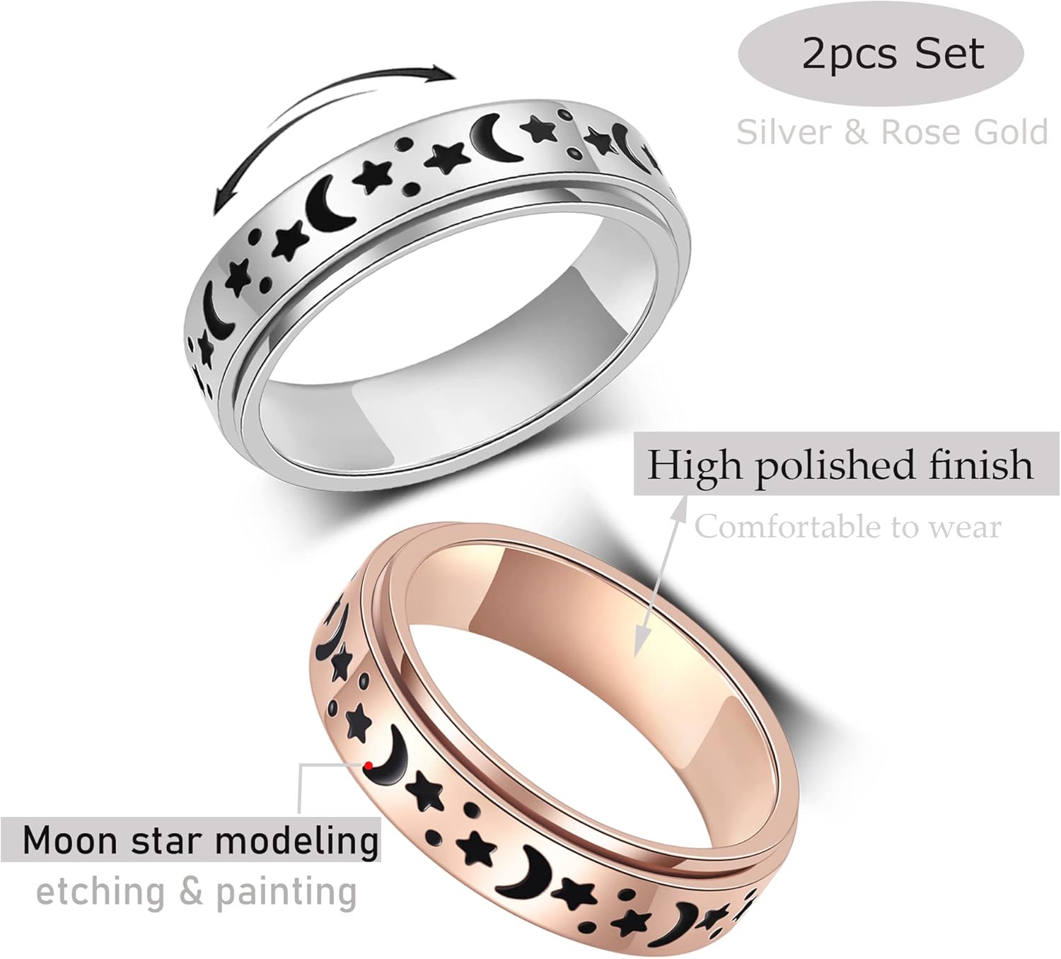 Anxiety Ring for Women Spinner Rings:Rotating Rings Stainless Steel 6mm Moon Star Anxiety for Men Band Jewelry Gift for Women Size 6 7 8 9 10