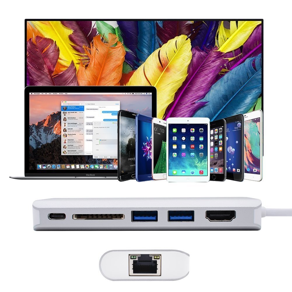 6 in 1 USB C (Thunderbolt 3) a HDMI 4K, due porte USB 3.0, lettore di schede (scheda SD), porta di ricarica USB C e adattatore Gigabit Ethernet in lega di alluminio per MacBook ecc. (argento)