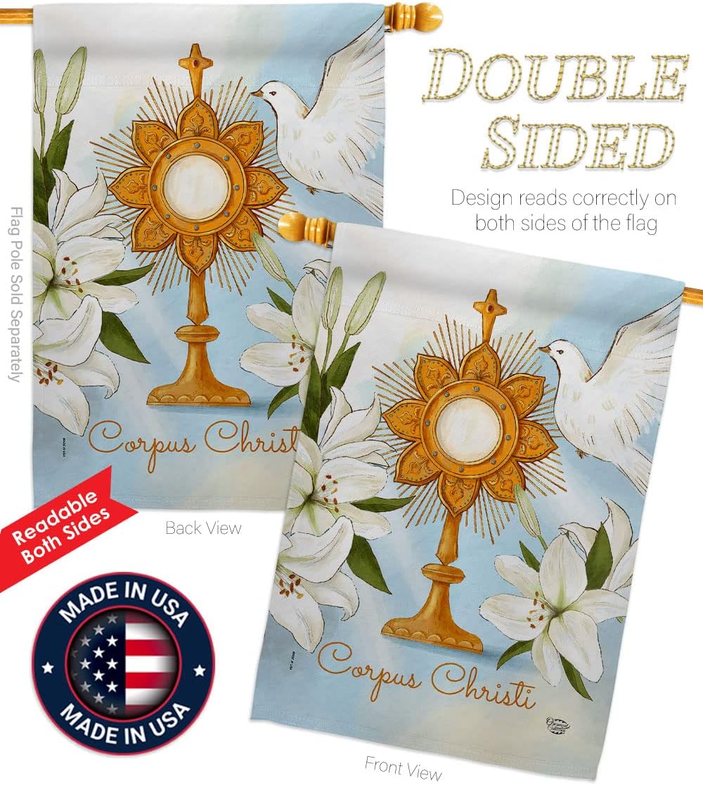 Corpus Christi House Flag Religious First Communion Gifts Cross Chalice Holy Eucharist Christian Religion Tradition Catholic Home Decoration Indoor Banner Small Garden Yard Lawn Porch Outdoor Wall Tapestry Made In USA