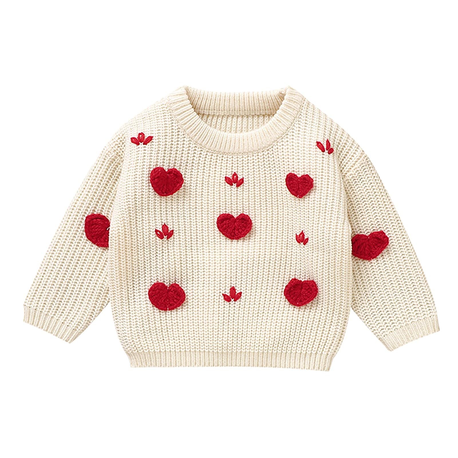 Toddler Baby Girl Boy Knitted Sweater Valentines Day Outfit Love Heart Sweet Long Sleeve Sweaters (Beige, 9-12 Months)