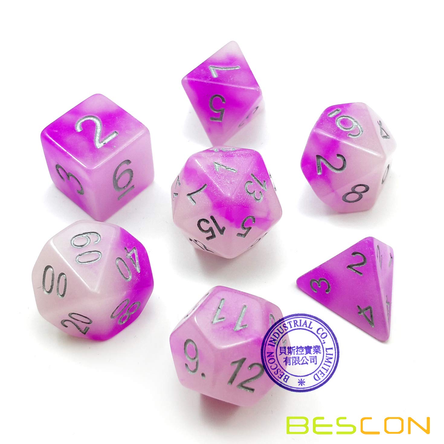 Bescon Two Tone Glowing Polyhedral Dice 7pcs Set FROSTY AMETHYST, Luminous RPG Dice Glow in Dark,DND Role Playing Game Dice - Image 2