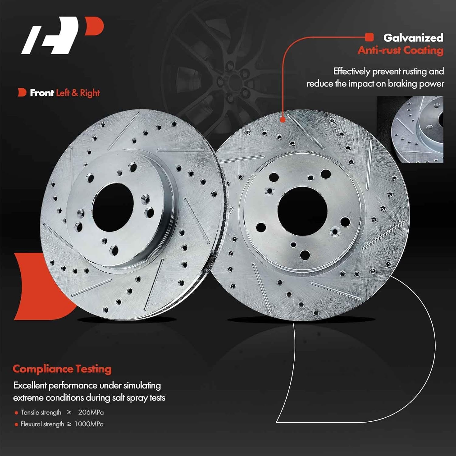A-Premium 11.10 inch (282mm) Front Drilled and Slotted Disc Brake Rotors Compatible with Honda and Acura Models - Accord 1998-2012, Civic 2006-2011/2013-2024,CR-V, CSX, Element, CR-Z, ILX, Insight