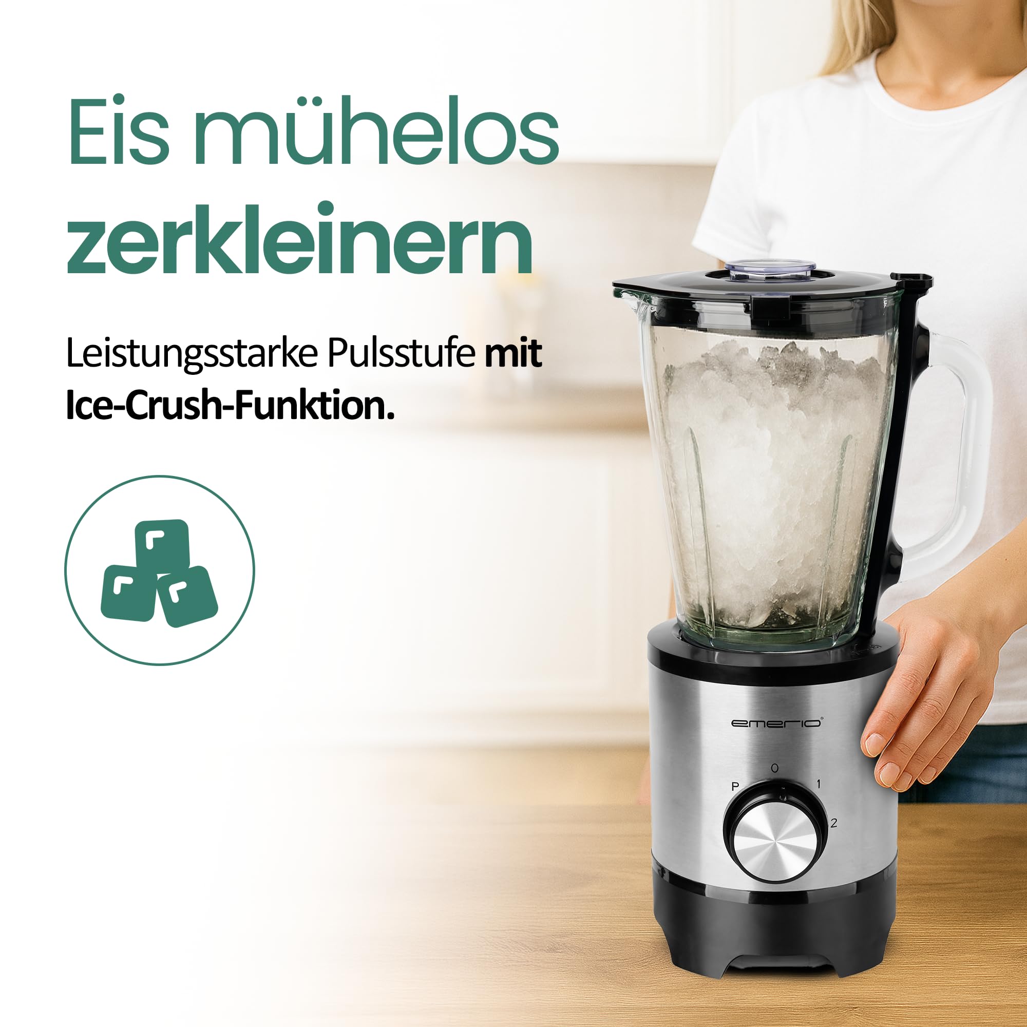 EMERIO BL-130988 - Frullatore con contenitore in vetro da 1,5 l, senza BPA, funzione Crush Ice | 2 velocità + funzione Pulse | 4 coltelli in acciaio inox | 2 interruttori di sicurezza in brocca e