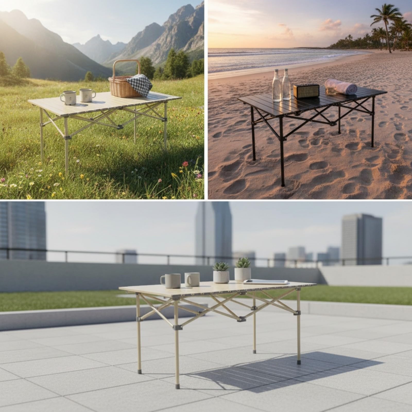 Mesa Plegable Acero con Estructura en X y Tablero Ranurado para Montaje Rapido y Almacenamiento Facil para Camping Barbacoa Playa Acuado para Cenas Exteriores scanso Familiar Picnic, Beige