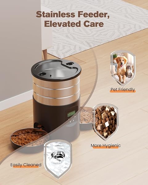 Automatic Cat Feeder Double Bowls: Stainless Steel Cat Food Dispenser – 5L Dog Feeder with Programmable Timer for Indoor – Food Dispenser for Small/Medium Pets - 3