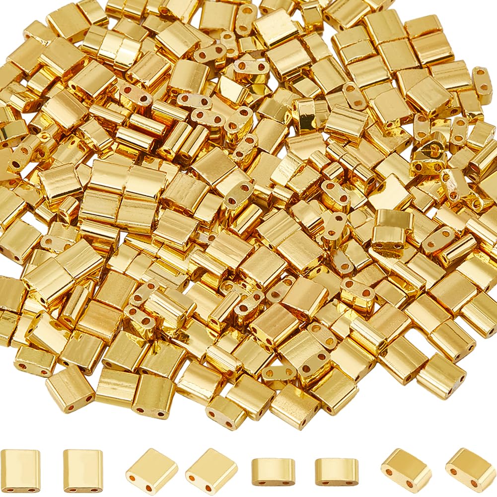 SUNNYCLUE 1 Box 300Pcs 2 Sizes Gold Tila Beads Bulk Two Hole Seed Beads Half Cut 5mm 1/2 Tila Glass Mini Rectangle Flat Square Seed Spacers for Jewelry Making Bracelets Earring DIY Crafts