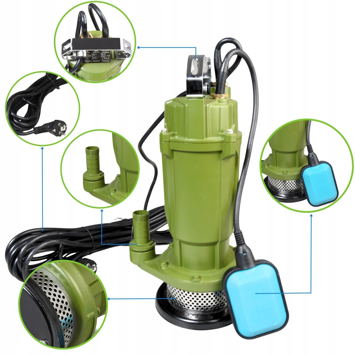 Pompa Sommersa MORO 250 – Pompa ad Immersione per Acque Sporche (250W, 1800 l/h, Prevalenza Max 12 m) con Filtro e Griglia di Protezione – Pompa Subacquea Portatile con Maniglia – per Pozzi e Giardino