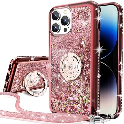 Silverback Funda para iPhone 14 Pro Max, funda con purpurina holográfica líquida en movimiento con soporte, para niñas y mujeres, funda protectora