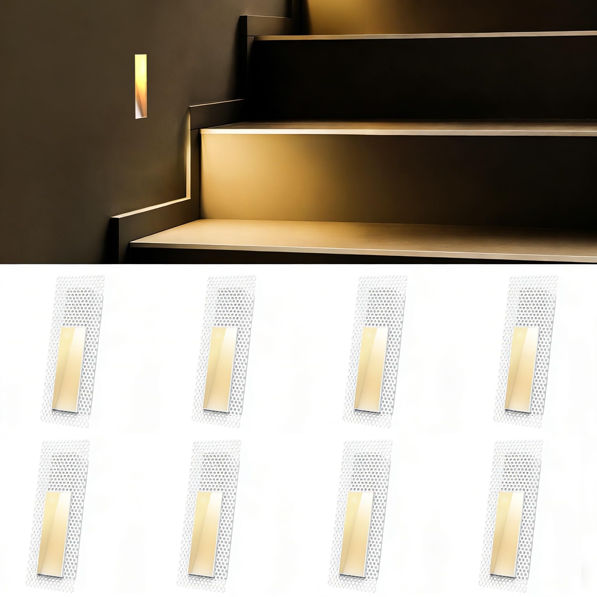 SCON Recessed Step Light, 2W LED Rectangle Skirting Wall Light 3000K Warm White, Invisible Stair Lights Indoor, Recessed Wall Night Light, Trimless Design for Hallway, Stairway, Bedroom 8-Pack