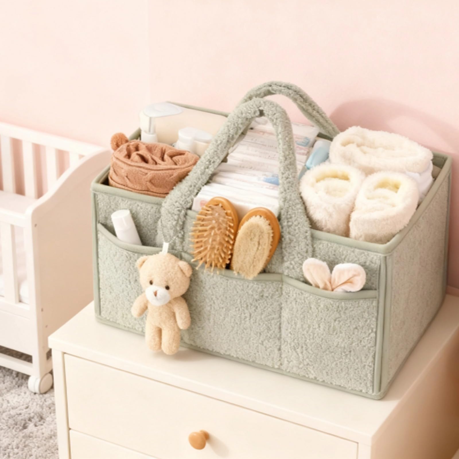 Organisateur de Couches en Peluche, Caddy Vert 38 x 18 x 4 cm, 15 x 7,1 x 1,6 po, avec Plusieurs Poches, Grand Organisateur de Couches pour Voyage, Sac de Rangement en Polyester pour Maman