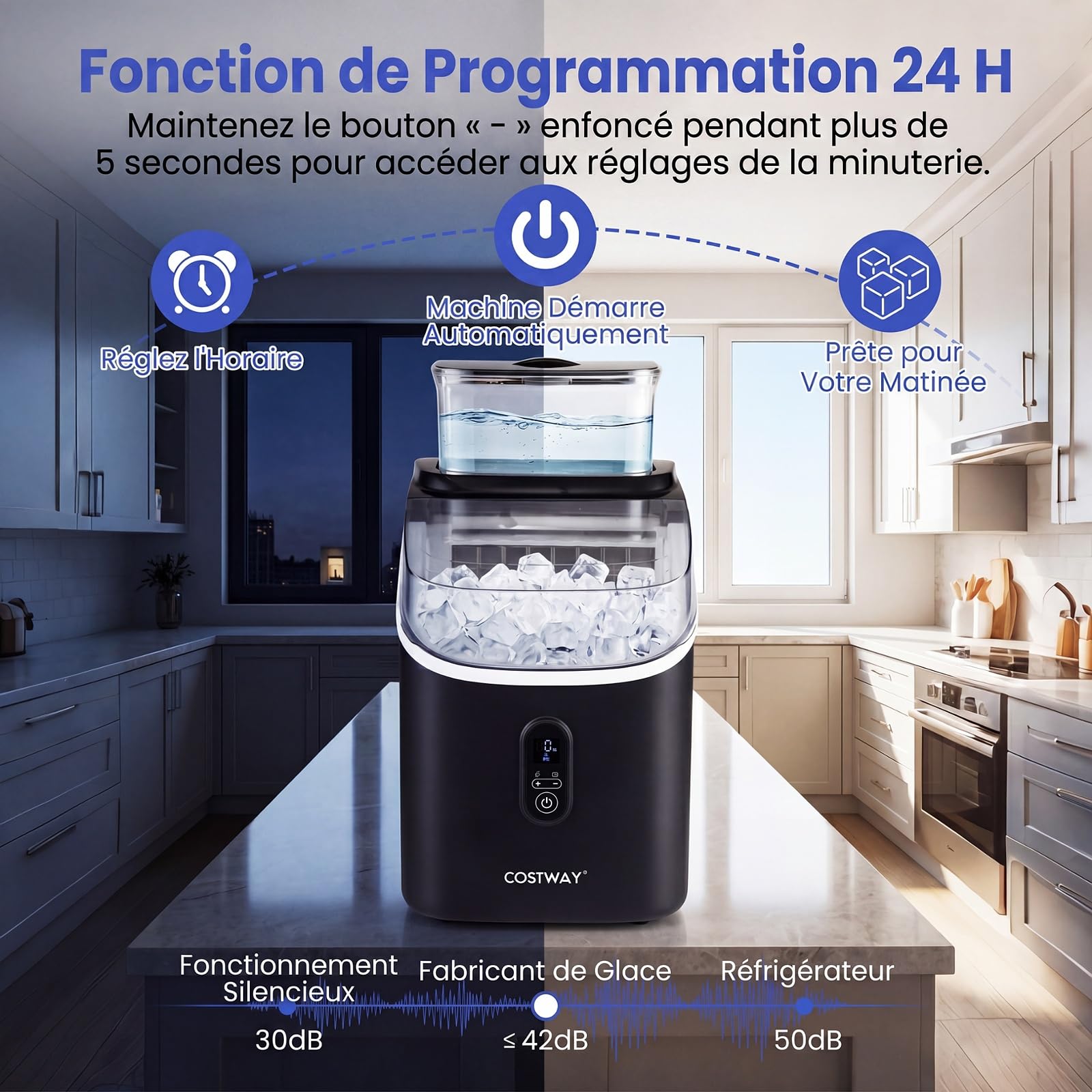 COSTWAY Machine a Glacons de Comptoir pour Maison, Bureau, Bar (Noir) | Machine à Glace, 15 kg/24h, 16 Glaçons Carrés en 13 Min, 13 Épaisseurs Réglables, Auto-Nettoyage, Minuterie 24h, Silencieuse