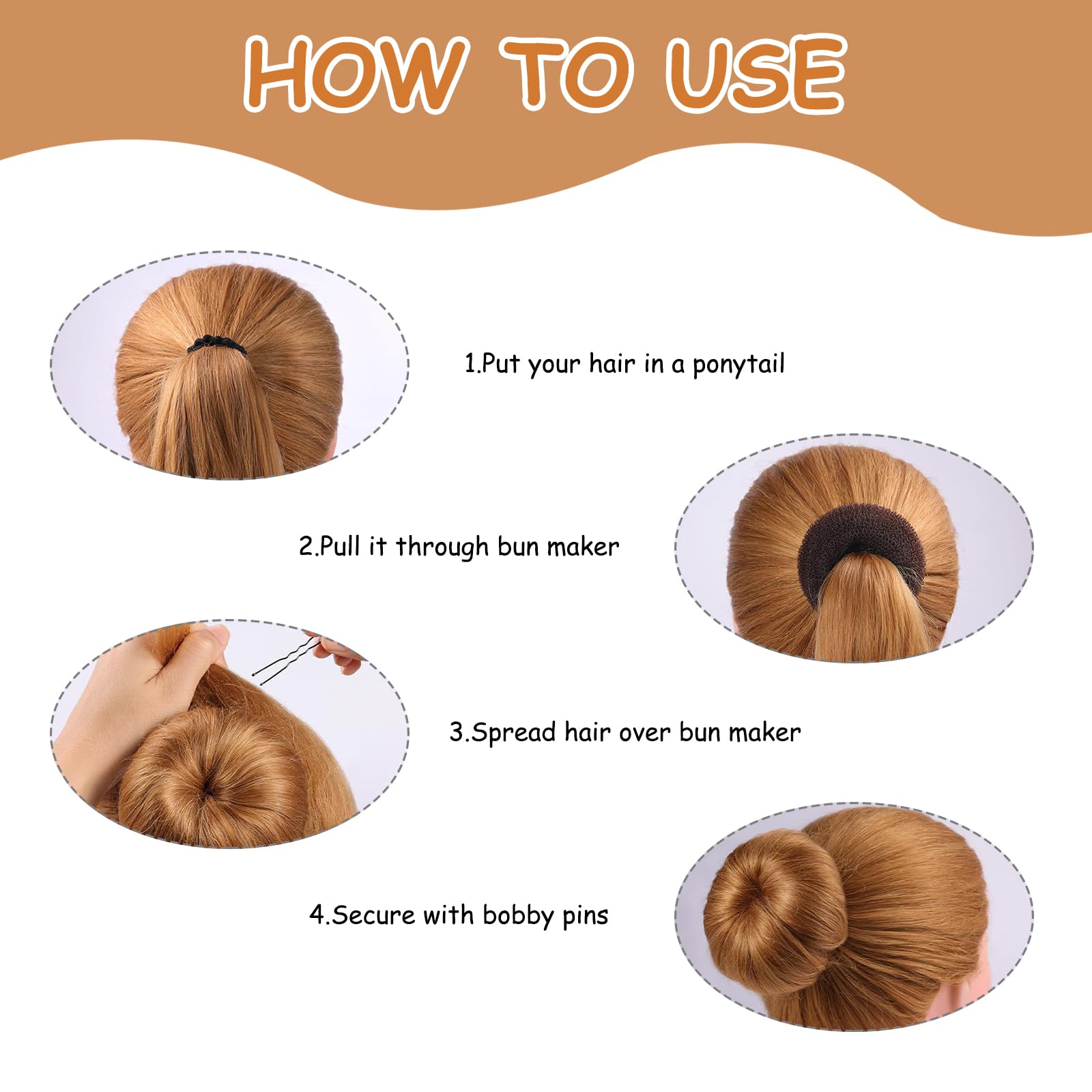 6 PCS Hair Bun Donut,Hair Donuts for Buns,3 Sizes of Hair Doughnuts for Buns,with 20 PCS Hair Pins and 5 Hair Ropes,for Dancers Ballet Girls (Dark Brown+Beige) - Image 4
