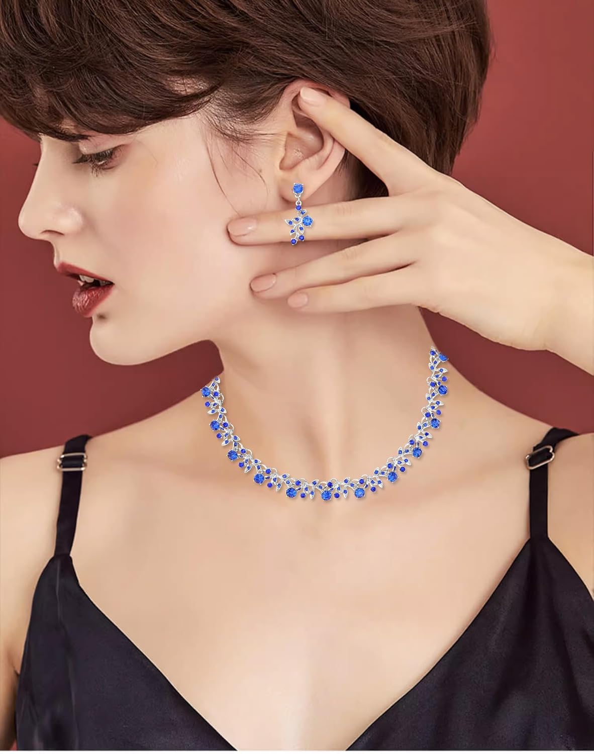 Elegant Leaf Choker Necklace Earrings Link Bracelets Wedding Jewelry Sets Sparkly Bridal Party Prom Costume Jewelry Accessories for Women - Image 2