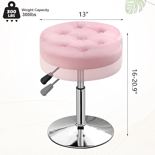 Miniatura 3 de Taburete giratorio otomano para maquillaje, taburete para tocador, altura ajustable, terciopelo rosa claro