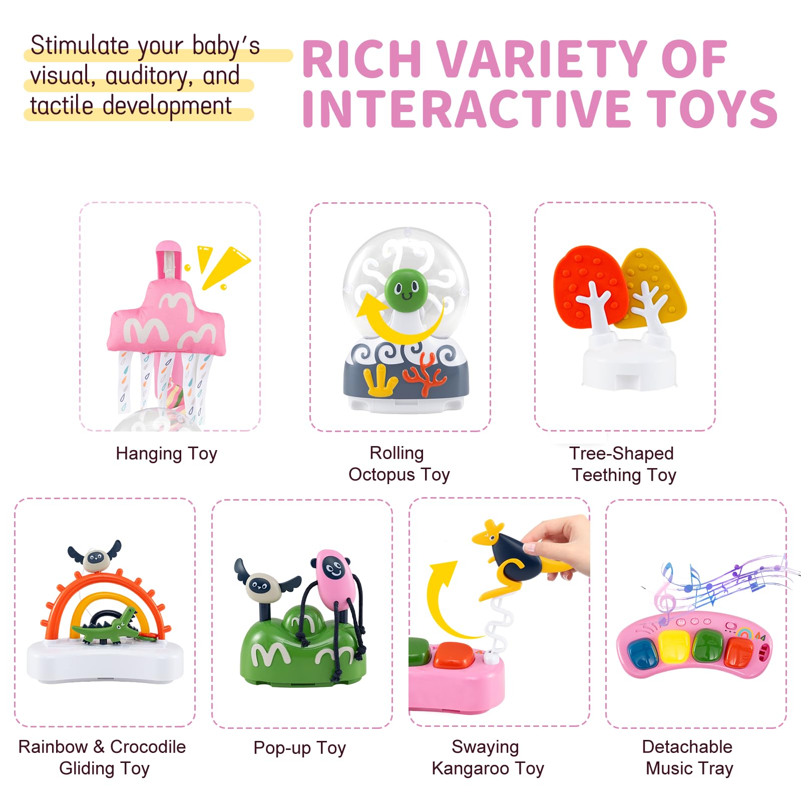 GYMAX Baby Jumpers & Bouncers, Interactive Baby Jumperoo Activity Center with 360° Rotary Seat, 3 Adjustable Heights, Music, Lights, Interactive Toys, Toddler Bouncer for 6 Months+ (Pink) — view 7