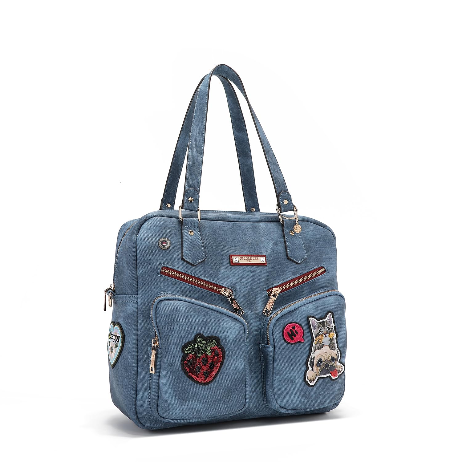 Nicole Lee Multi Patch Zipper Handbag, Medium Vegan Leather with Cotton Denim Look, Strawberry Sequin, Cat, Dog Patches (BLUE)