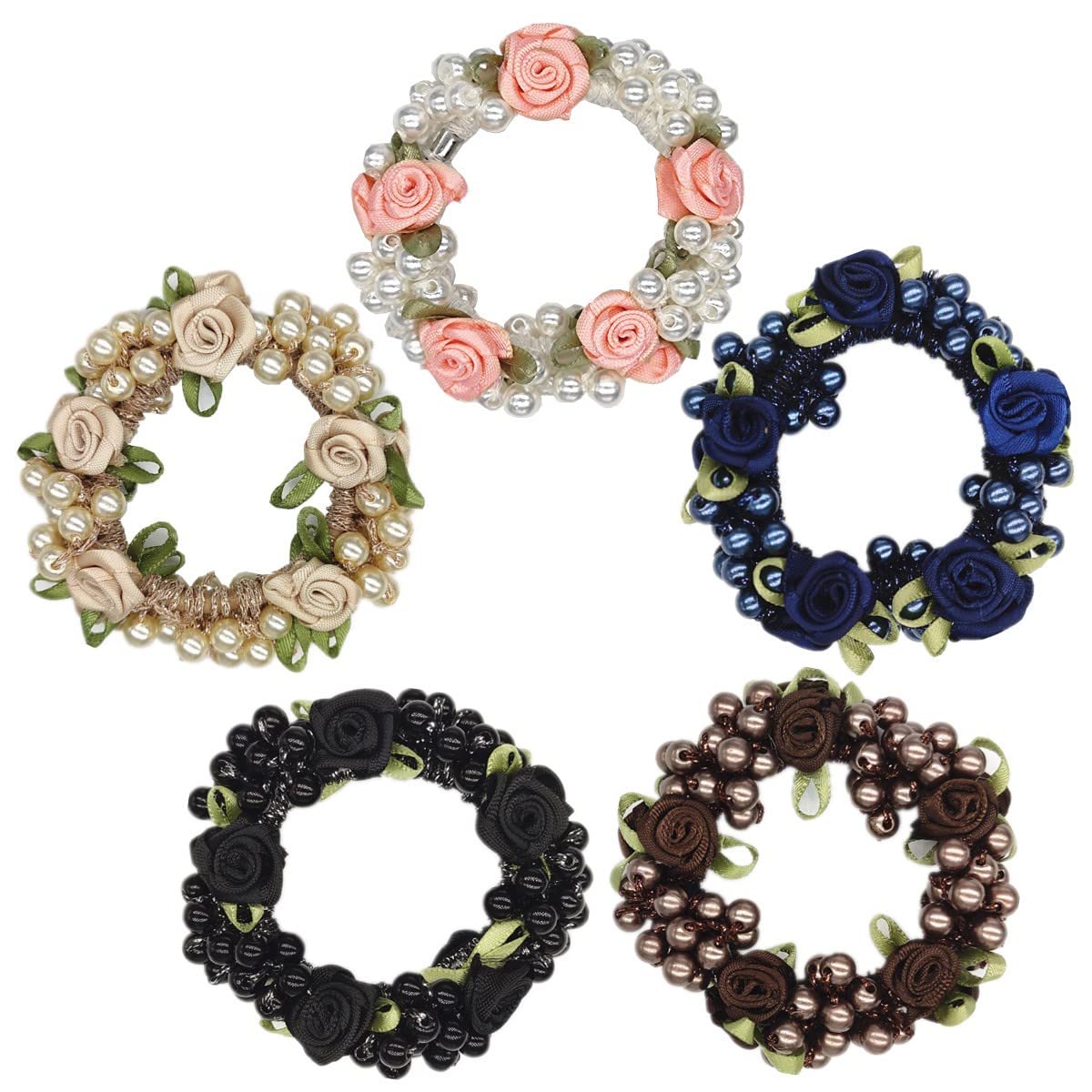 5 Pcs Hair Ties Hair Ring Pearl Hair Bands Hair Ropes Crystal Hair Elastic Bracelet Ponytail Holders Hair Accessories for Women and Girls (2.8 inch, Pearl flower color)