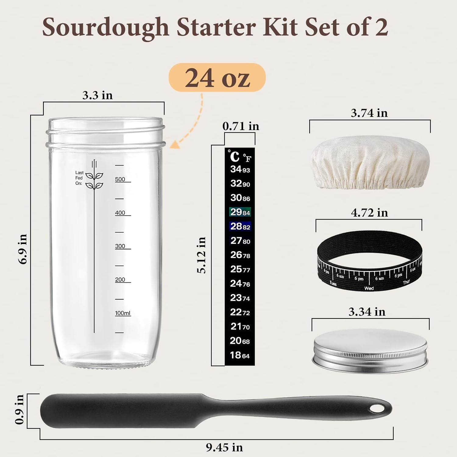 Glass Sourdough Starter Jar 2 Pack, 24 oz Wide Mouth Organic Sourdough Starter Kit with Date Marked Band, Thermometer, Cloth Cover & Metal Lid, Reusable Bread Baking Supplies, Bread Making Accessories - Image 6