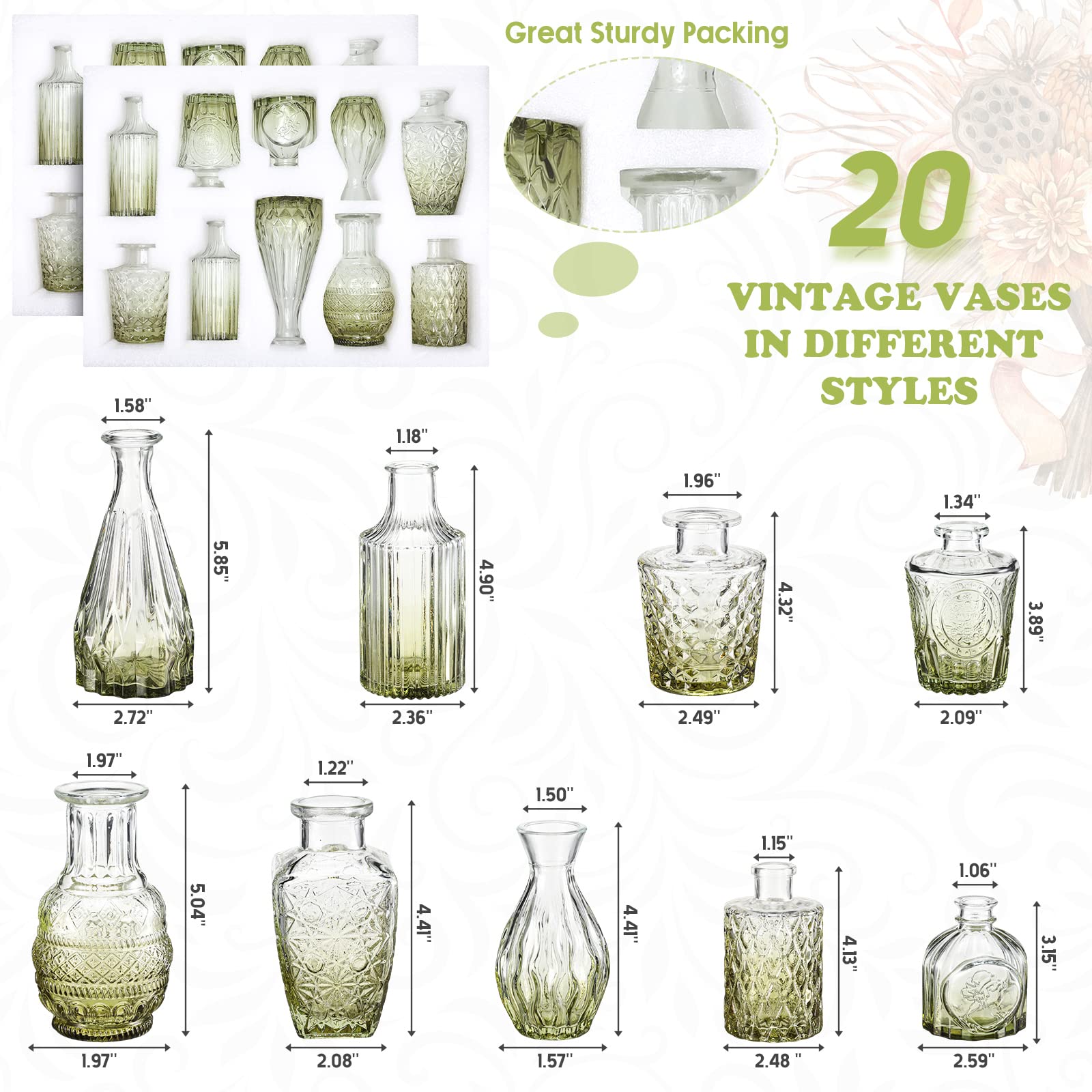 20-teiliges Glasvasen-Set im Vintage-Stil, kleine Vasen für Blumen in Großpackung, niedliche Glasvasen für Tafelaufsätze, rustikale dekorative Glasvase für Hochzeit, Tisch, Zuhause,
