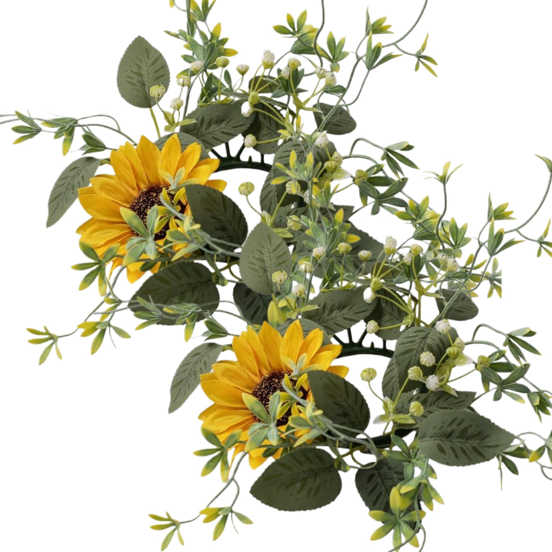 Hotainoys 1Pcs 2 Pack Candle Rings, Pvc Artificial Sunflower Candle Rings Wreaths With Eucalyptus Leaves & White Flowers Elegant Wreath For Dining Table, Bookshelf And Window Décor Wreath